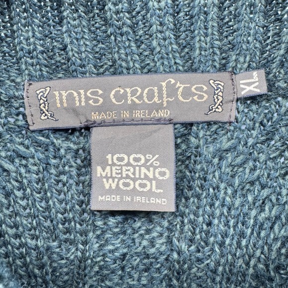 Inis Crafts Cable Knit Sweater XL Green Ireland Merino Wool Shawl Collar - Picture 6 of 8
